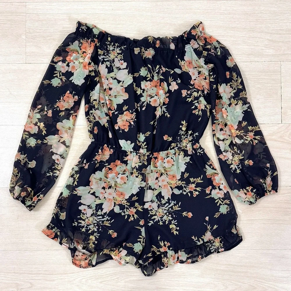 Lulus Floral Off The Shoulder Romper Navy Peach Mint Green Long Sleeve Size‎ M